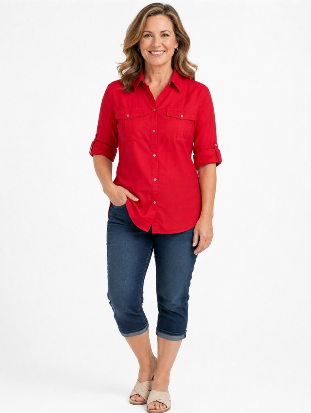 Red 100% Linen Button Front Utility Shirt tab Long Sleeves Preppy Coastal Sz L